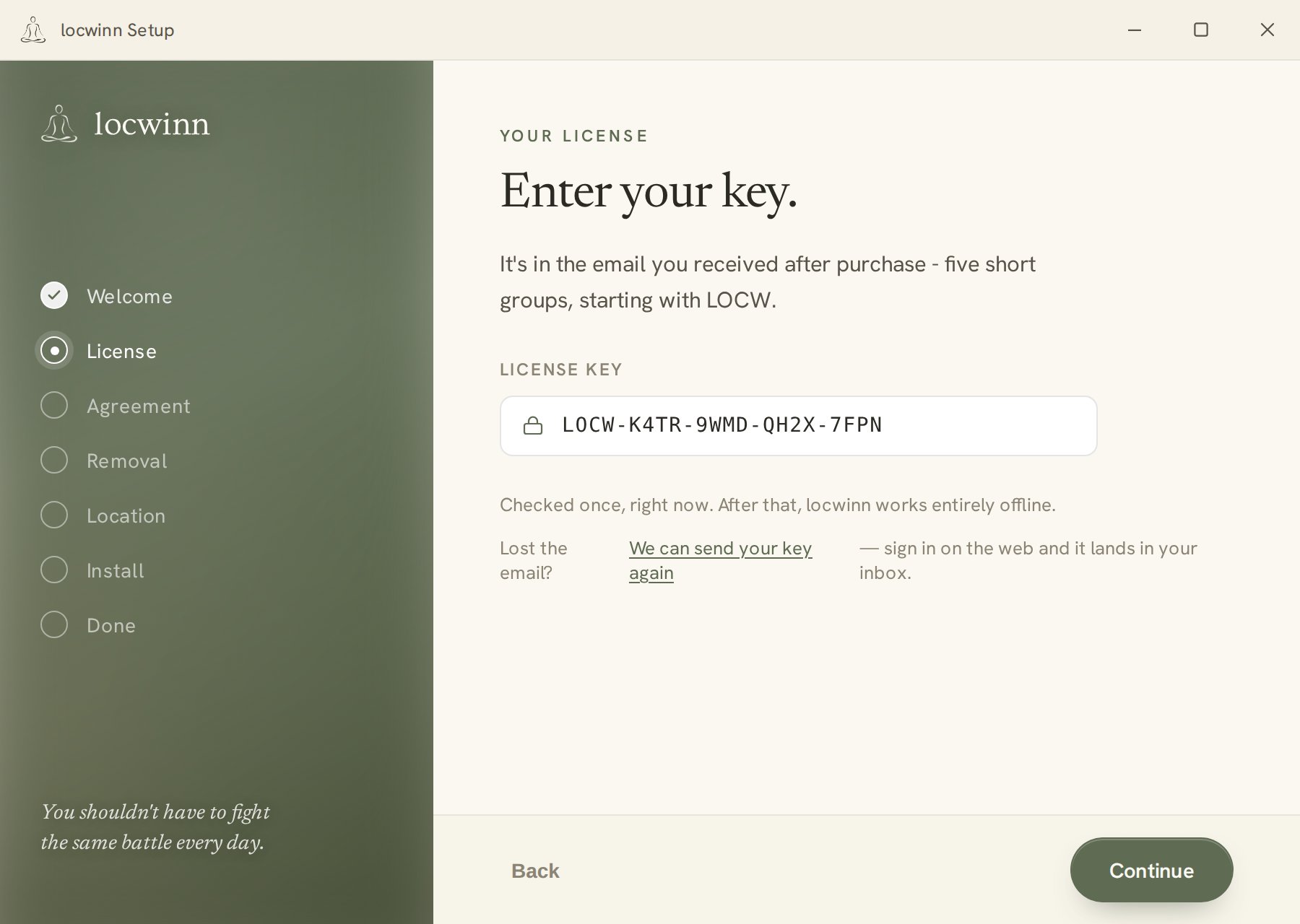 The license step — paste the key from your purchase email