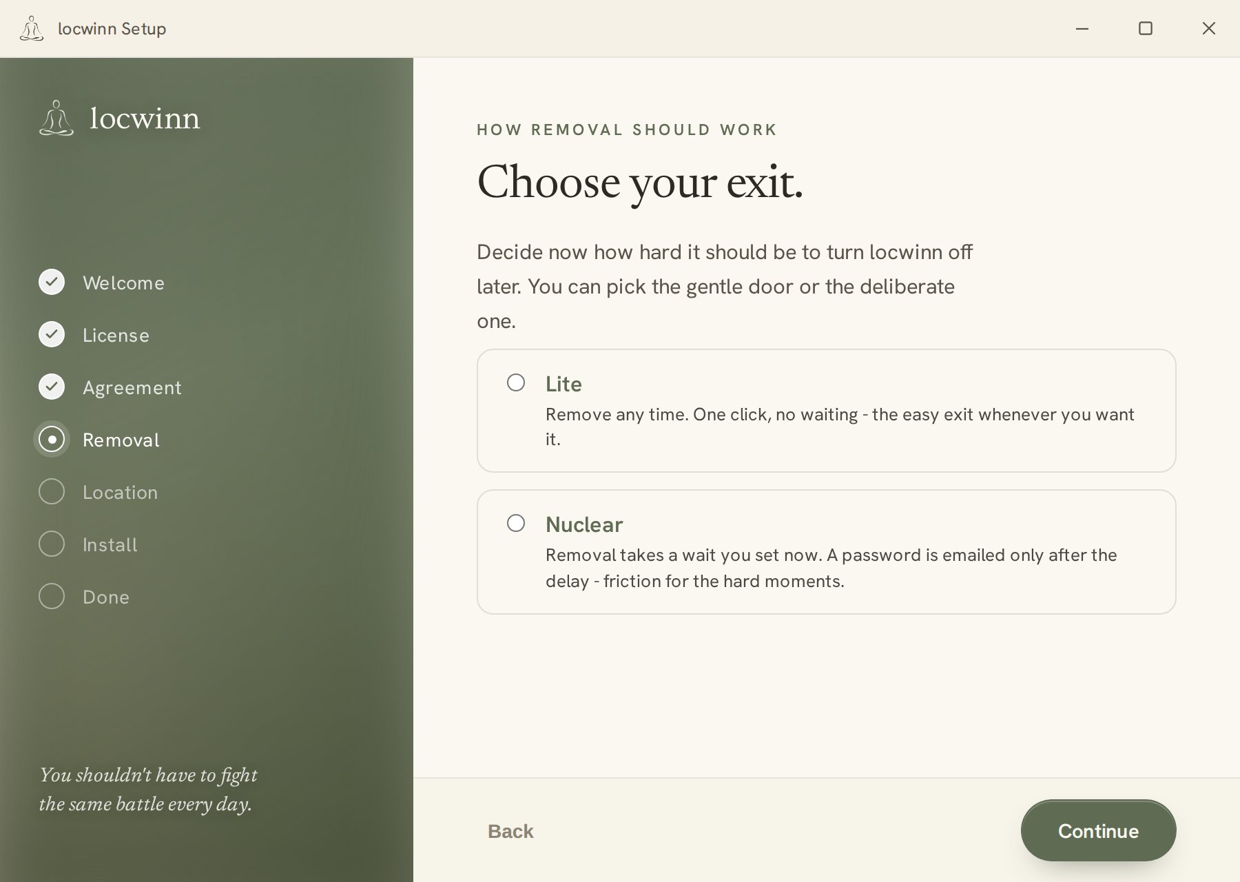 The removal step — choose how hard locwinn is to turn off