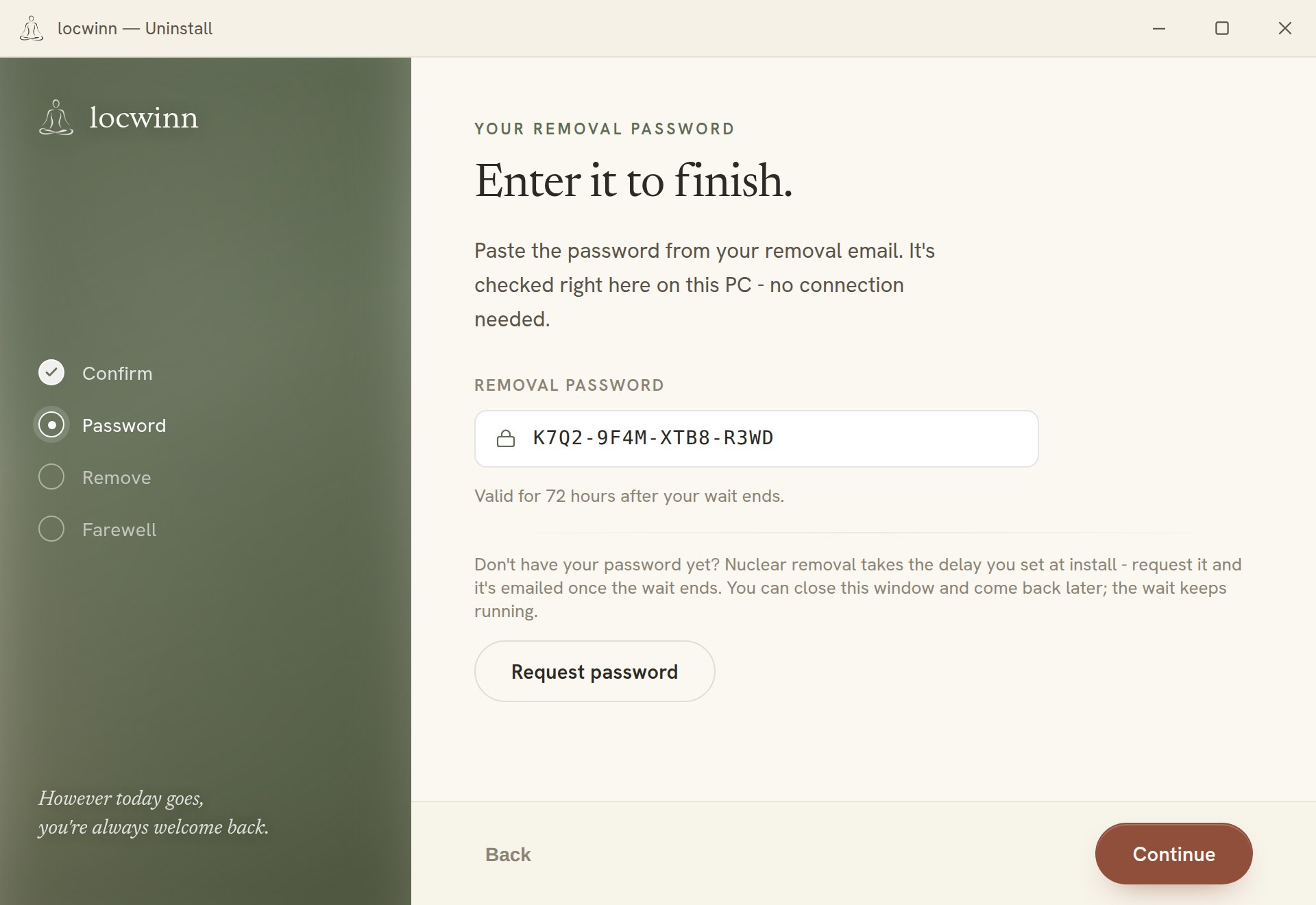 The uninstaller's removal-password step: a field to paste the password from your removal email, noting it is valid for 72 hours, with a 'Request password' button below.